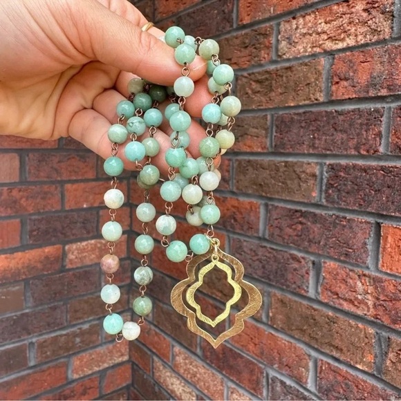 Anthropologie Amazonite Natural Stone Lotus Necklace - Picture 6 of 7